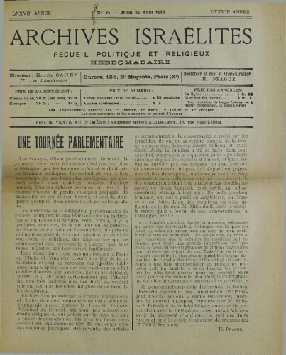 Archives israélites de France. Vol.77 N°34 (24 août 1916)